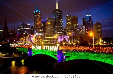 MELBOURNE, AUSTRALIA - FEBRUARY 22,2014: Melbourne's White Night attracted more than 500,000 visitors to the city centry and lit up its buikdings as works of art 