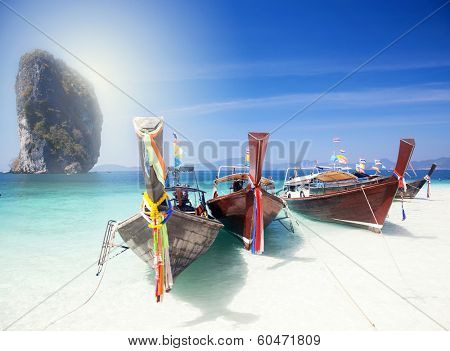 Thailand ocean landscape. Exotic beach view and traditional ship on Ko Poda