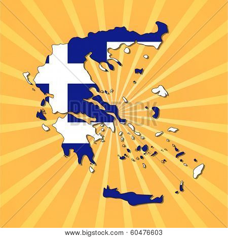 Greece map flag on sunburst vector illustration