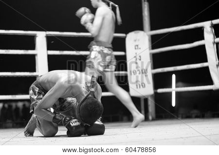 CHANG, THAILAND - FEB 22, 2013: Unidentified Muaythai fighter in ring during match (black and white series). For many Thai men, Muaythai only way to break out of poverty, per battle pay to 7000 baht.