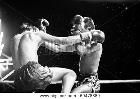 CHANG, THAILAND - FEB 22, 2013: Unidentified Muaythai fighter in ring during match (black and white series). For many Thai men, Muaythai only way to break out of poverty, per battle pay to 7000 baht.