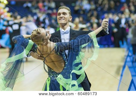 Minsk-belarus, February, 9: Roman Usmanov-valeriya Rymareva Perform Adult Standard European Program