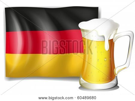 Illustration of a big mug with cold beer in front of the German flag on a white background