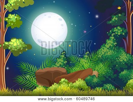 Illustration of a green forest and a bright fullmoon