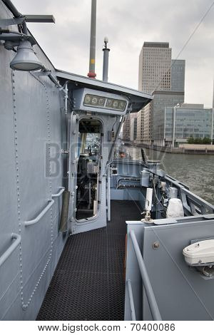 LONDON, UK - MAY 17, 2014 In side of Capitan cabin. German army military ships based in Canary Wharf