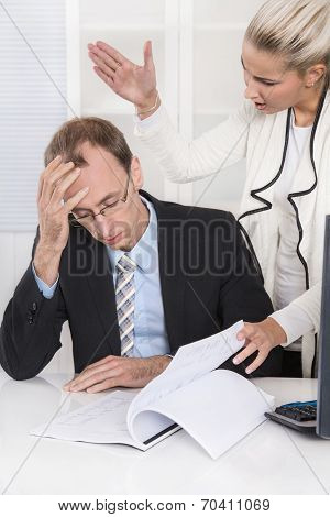 Trouble And Harassment Under Business Colleagues: Bullying Man And Woman.