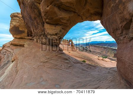 Beautiful Sunset Sky With View Delicate Arch Through Window
