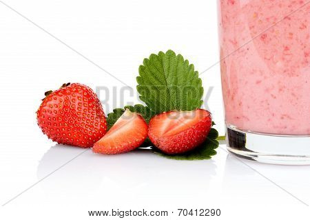 Cropped Photo Several Sliced Strawberries Leaf Juice Isolated