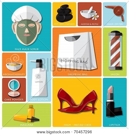 Woman Beauty And Lifestyle Flat Icon Set