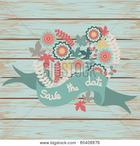 Save The Date Floral Card On Wooden Background