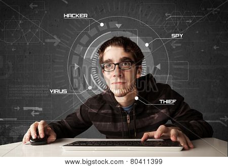 Young hacker in futuristic environment hacking personal information on tech background
