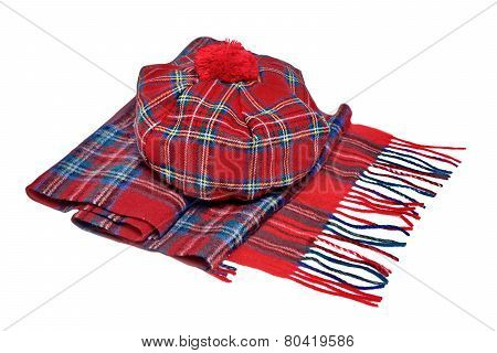 Traditional Scottish Red Tartan Bonnet And Scarf