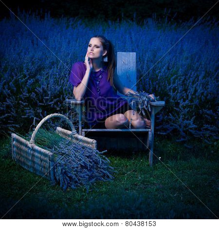 Beautiful Young Woman On Lavander Field At Dusk - Lavanda Girl