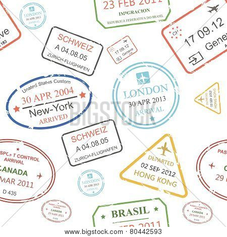 Seamless background pattern of a close packed assortment  cachets and hand stamps  passport control