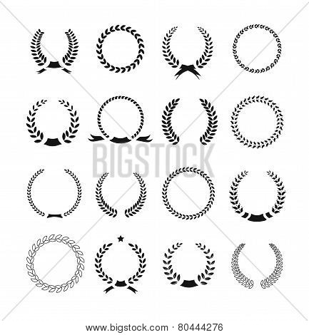 Set of black and white silhouette circular laurel  foliate  wheat