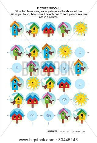 Picture sudoku puzzle with spring birdhouses