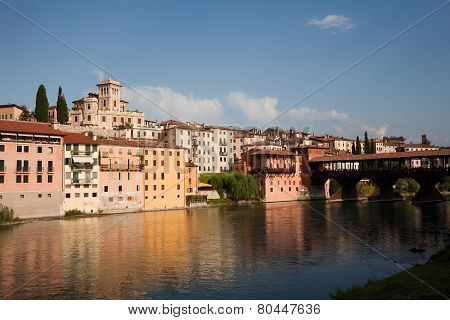 The Old Wooden Bridge Spans The River Brenta At The Romantic Village Basano Del Grappa