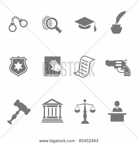 Set of black and white silhouette justice police icons