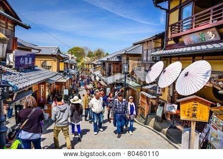 KYOTO, JAPAN - APRIL 1, 2014: Spring crowds in the Higashiyama district. Higashiyama is home to many of the well known temples of Kyoto.