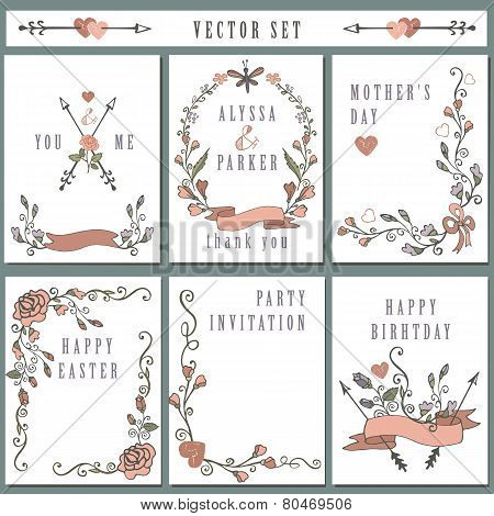 Vintage card set with hand drawing decor.Holiday sketched