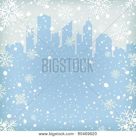 Background with snow flakes and city silhouette