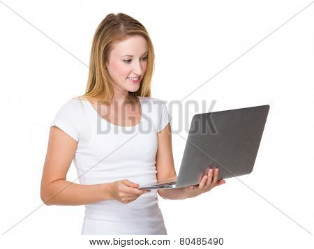 Caucasian Woman use of portrable computer