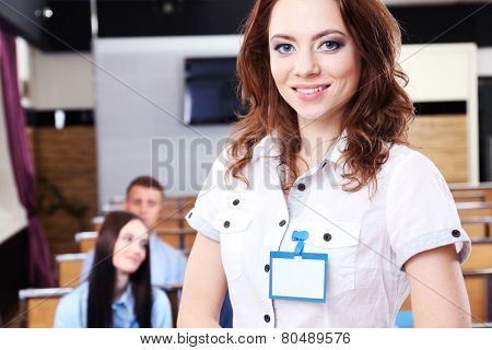 Businesswoman delivering presentation at conference