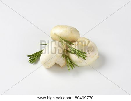 portion of three mushrooms decorated with fresh rosemary