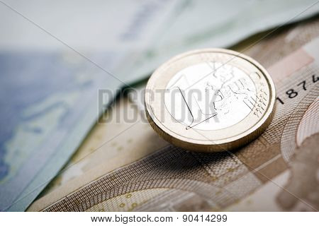 Closeup Of Euro Banknotes And Coins