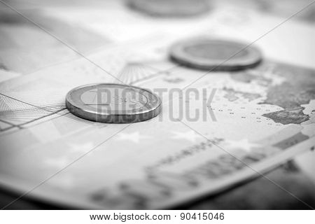 Closeup Of Euro Banknotes And Coins