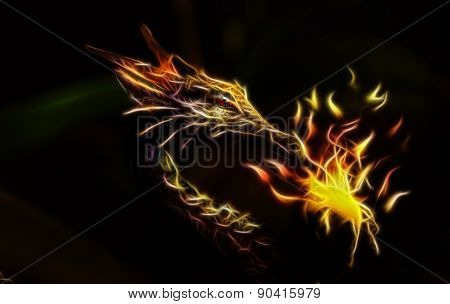 Colorful Ancient Dragon Statue Holding A Sparkling Ball Of Lig Fractal Effect