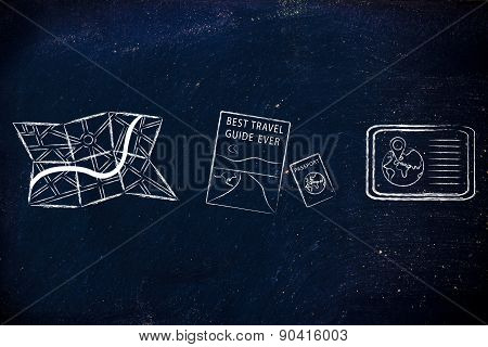 Paper Map, Travel Guide And Tablet With Gps Information