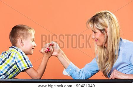 Mother And Son Arm Wrestling.