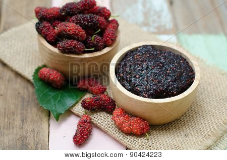 Home Made Mulberry Jam In Wooden Bowl And Some Fresh Fruits And
