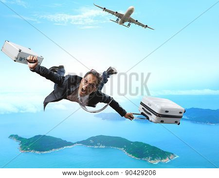 Crazy Business Man Flying From Passenger Plane With Briefcase And Luggage With Glad And Happiness Em
