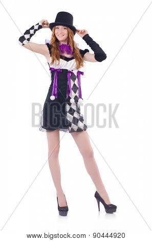 A girl in harlequin costume isolated on white