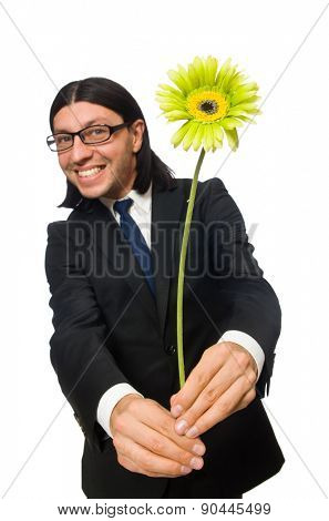 Handsome businessman with flower isolated on white