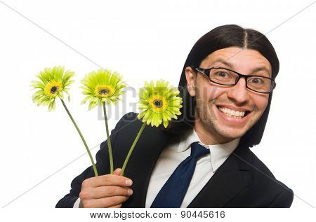 Handsome businessman with flower isolated on white