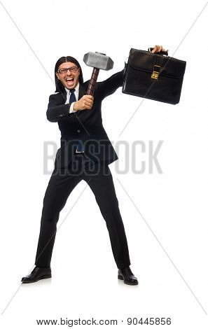 Handsome businessman holding hammer and case isolated on white