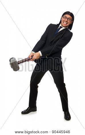Handsome businessman holding hammer isolated on white