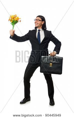 Handsome businessman with flower and brief case isolated on white