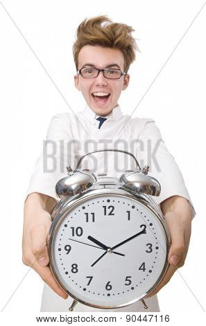 Funny doctor with alarm clock isolated on white