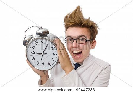 Funny doctor with alarm clock isolated on white