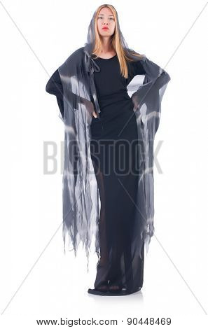 Young woman in black dress isolated on white