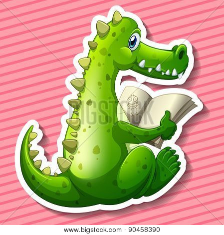 Green dragon reading book with pink background