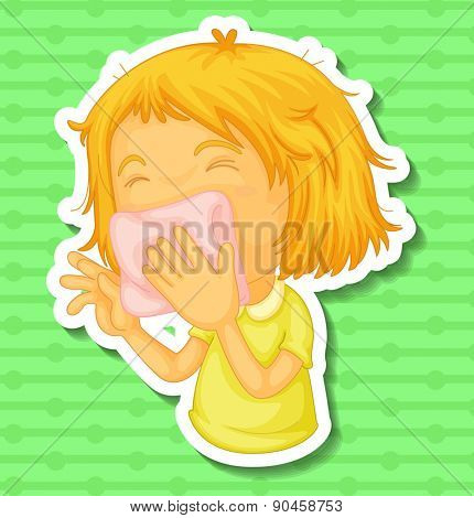 Closeup sick girl covering her mouth with napkin