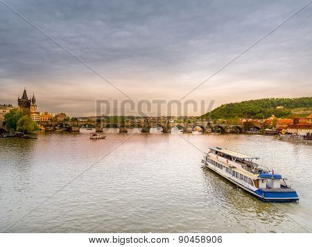 Panoramic view of Charles Bridge and Tower over the Vltava river in Praque,Czech Republic
