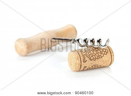 Cork and corkscrew. Isolated on white background
