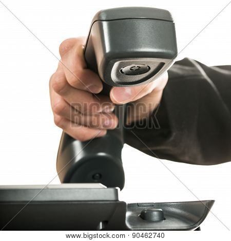 Closeup Of A Businessman Hand Hanging Up Or Answering A Telephone Call