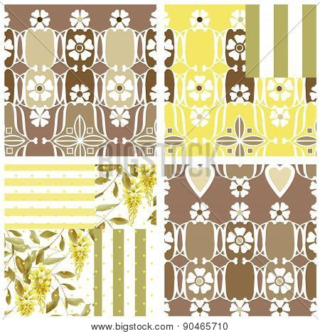 Abstract seamless pattern patchwork design with glicinia flowers background